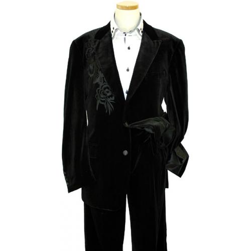 Il Canto Black Velvet Suit With Embroidery 8327